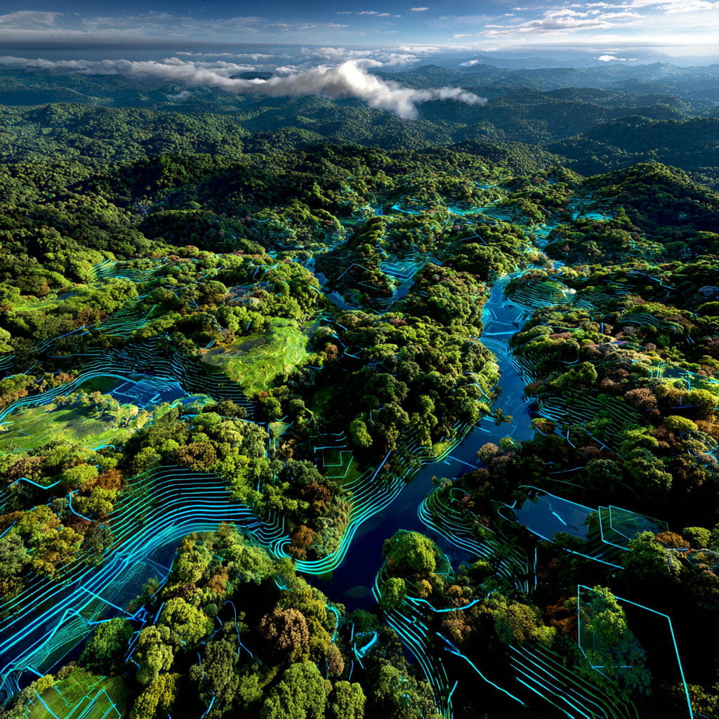 Trilha de luz turquesa atravessando a floresta digital