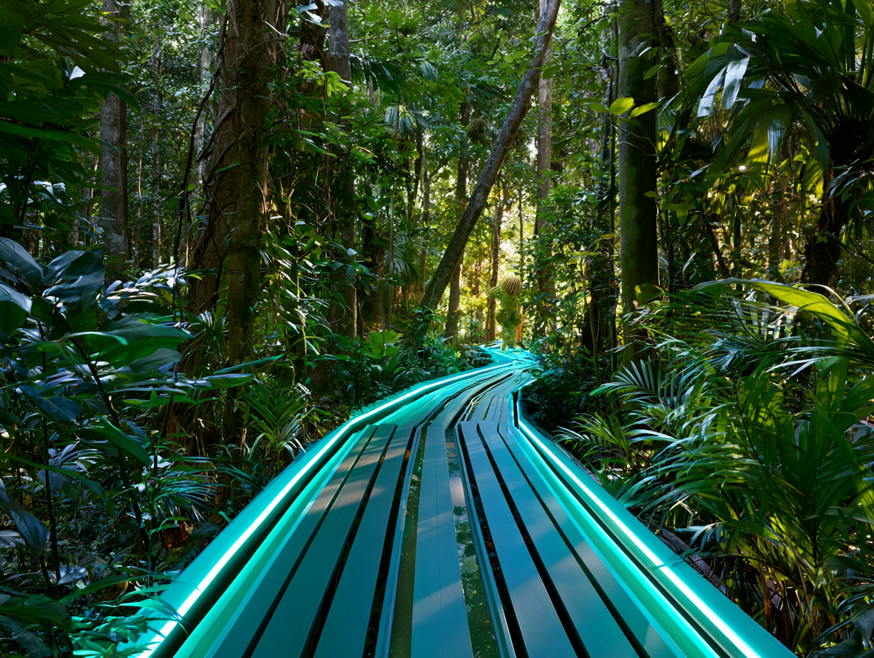 Rede digital turquesa integrando a floresta